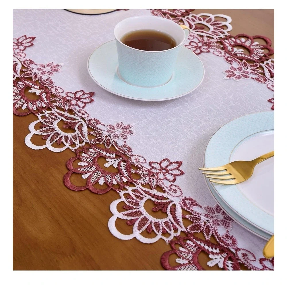 White Dark Red Jacquard Lace Table Runner 72 inches Long, Claret Dresser Scar...